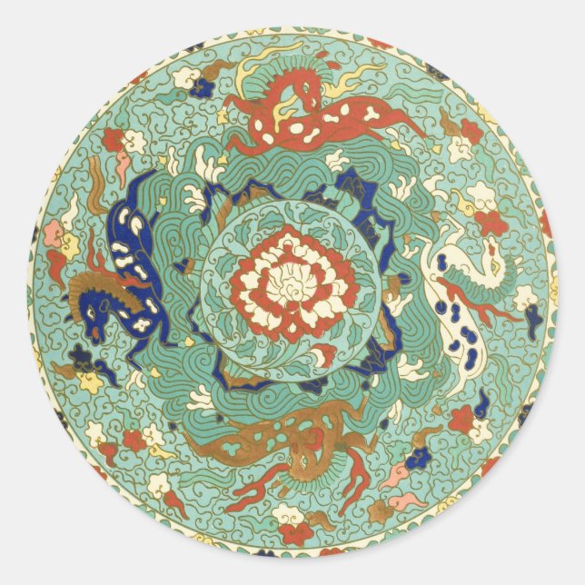 Chinesischer Zirkel Blau grün Runder Aufkleber (Vorderseite)