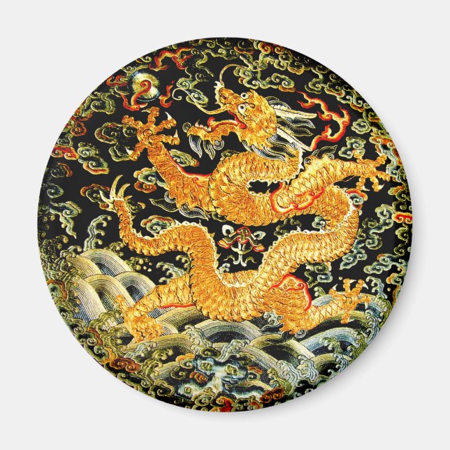 Chinesischer Zodiakantik bestickter goldener Drach Magnet (Vorne)