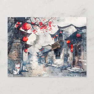 Chinesisches Aquarell Lampions erleuchtete Altstad Postkarte