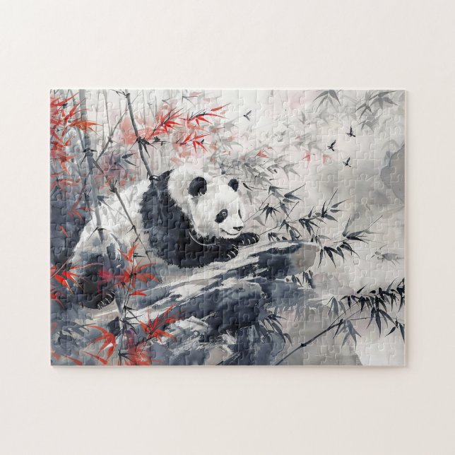 Chinesisches Aquarellbild Panda und Bamboo (Horizontal)