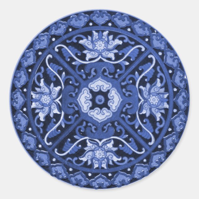 Chinesisches Blau und Weiß Mandala Runder Aufkleber (Vorderseite)