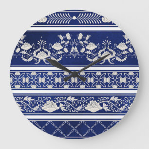 Chinesisches Blumenblau: Vintage Wasserfarbengrenz Große Wanduhr