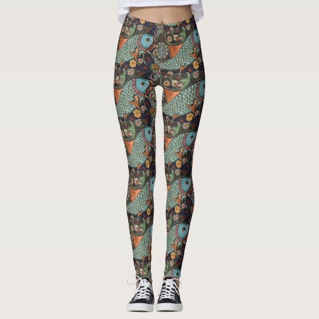 Chinesisches Fischsymbol Braun und türkisfarbene L Leggings (Vorderseite)