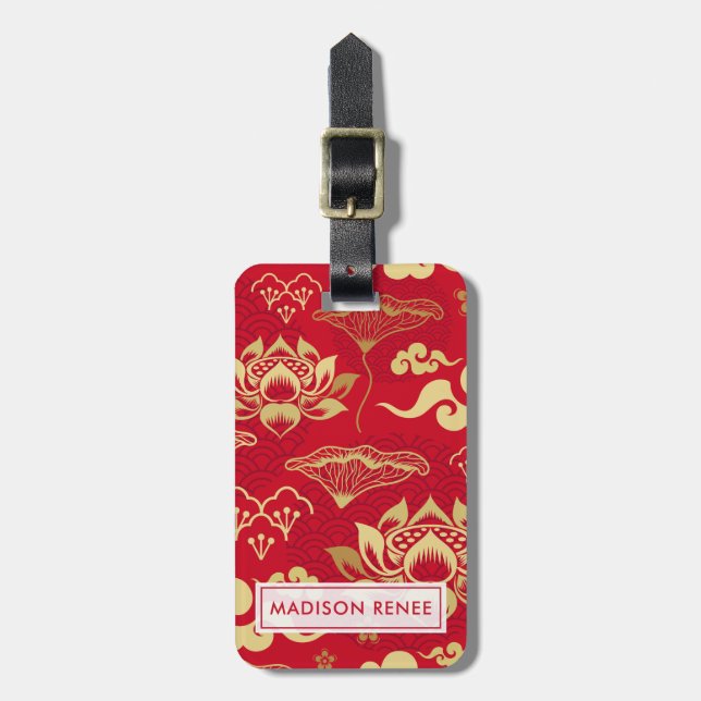 Chinesisches Floral Lotus Asian Muster Personalisi Gepäckanhänger (Vorderseite vertikal)