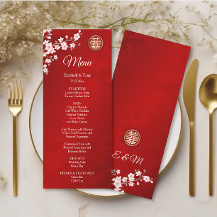 Chinesisches Hochzeitmenü mit rosa Red Cherry Blos Einladung