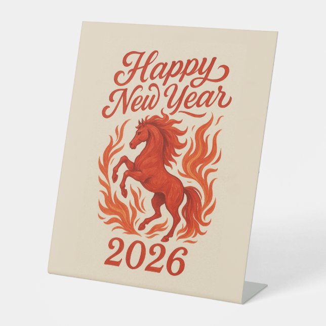 Chinesisches Horoskop 2026 Rotes Feuerpferd Sockelschild (Vorderseite)
