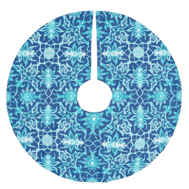 Chinesisches Jugendstil-Muster - Türkis und Blau Polyester Weihnachtsbaumdecke (Vorderseite)