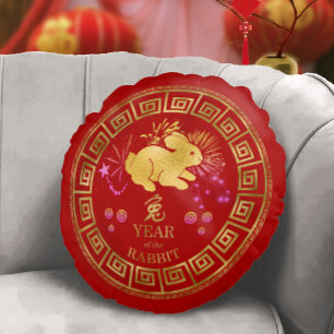 Chinesisches Kaninchen Rot/Gold-ID542 Rundes Kissen