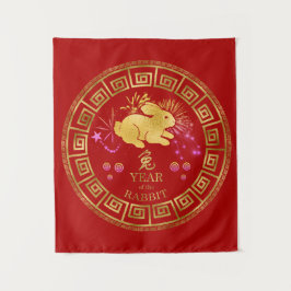 Chinesisches Kaninchen Rot/Gold-ID542 Wandteppich
