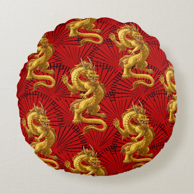 Chinesisches Lucky Gold Dragon Pouf Kissen (Vorderseite)