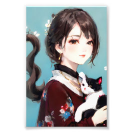 Chinesisches Mädchen umarmt eine Kawaii Katze Fotodruck