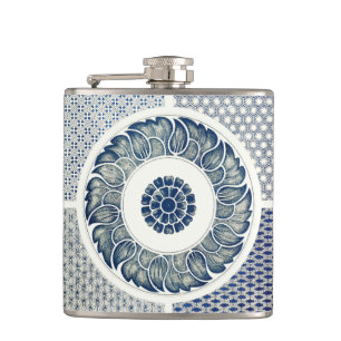 Chinesisches Medaillon: Indigoblaue Chinoiserie Flachmann