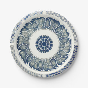Chinesisches Medaillon: Indigoblaue Chinoiserie Pappteller