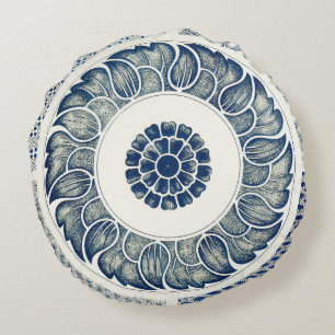 Chinesisches Medaillon: Indigoblaue Chinoiserie Rundes Kissen