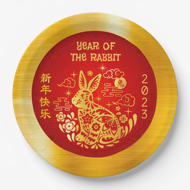 Chinesisches Neujahr 2023 Kaninchen Gold Foil Red  Pappteller (Vorderseite)