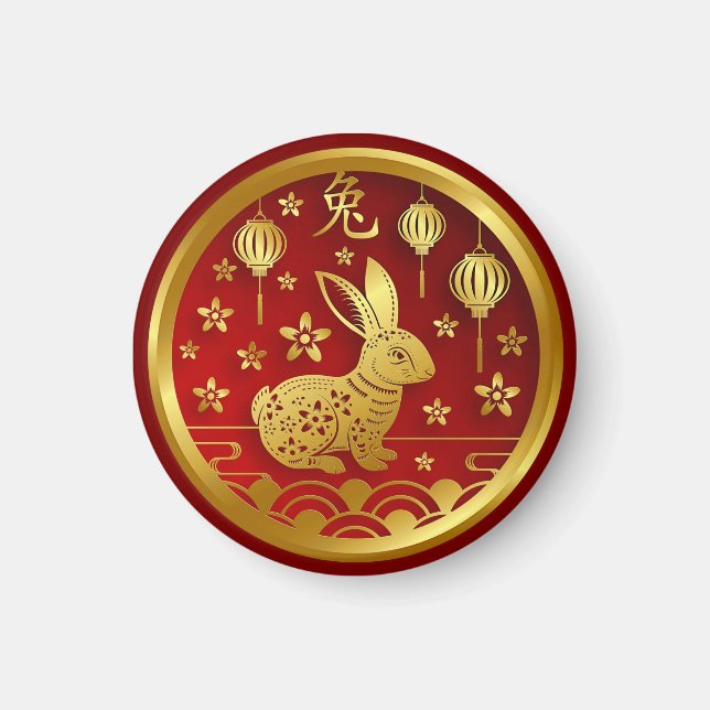 Chinesisches Neujahr 2023 Kaninchen Red Gold Groß  Magnet (Vorne)