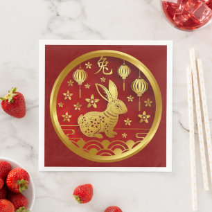 Chinesisches Neujahr 2023 Kaninchen Rotes Gold Abe Serviette