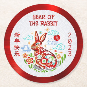 Chinesisches Neujahr 2023 Papercut Rabbit Red Foil Runder Pappuntersetzer