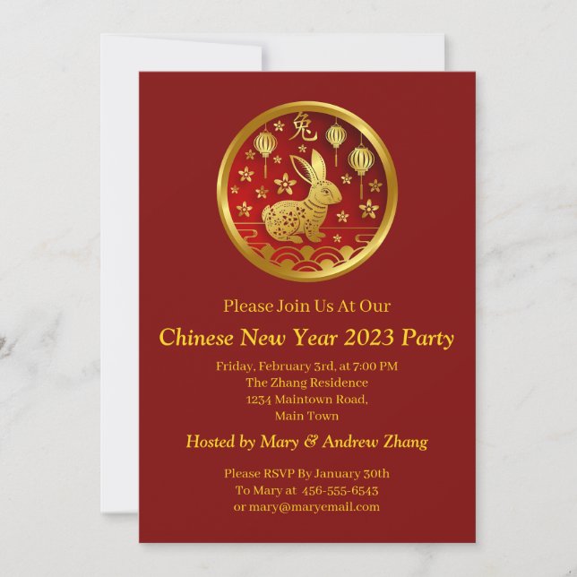 Chinesisches Neujahr 2023 Rabbit, Name und Details Einladung (Vorderseite)