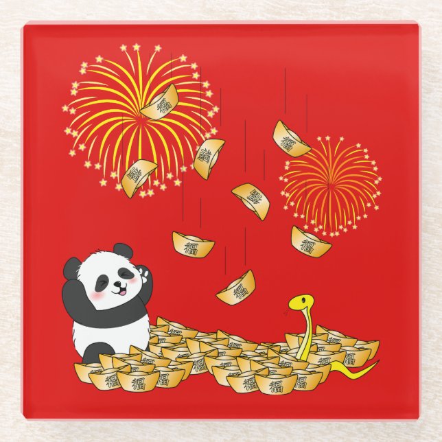 Chinesisches Neujahr der Schlange 2025 Panda Glasuntersetzer (Vorderseite)