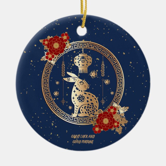 Chinesisches Neujahr des Kaninchens 2023 Blaue gol Keramik Ornament (Vorne)