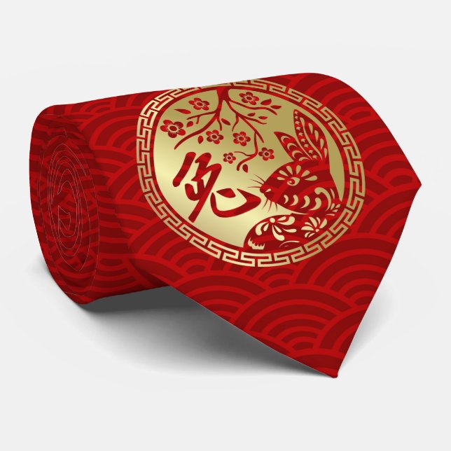 Chinesisches Neujahr des Kaninchens 2023 Neck Tie Krawatte (Gerollt)