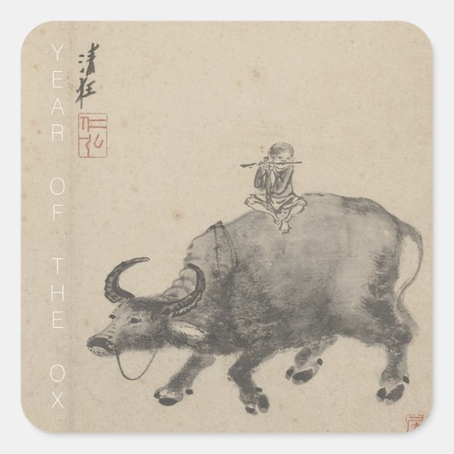 Chinesisches Neujahr Ox Malerei Zodiac Birthday Sq Quadratischer Aufkleber (Vorderseite)