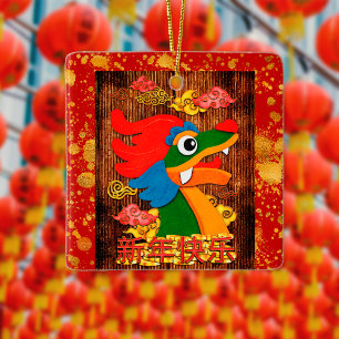 Chinesisches Neujahrs-Papierdrachen Holz Rot Gold Keramikornament