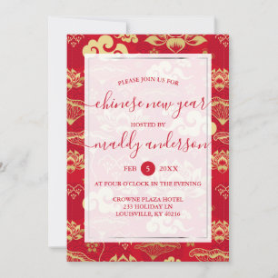 Chinesisches Neujahrsfest Rot Gold Lotus Floral Pa Einladung