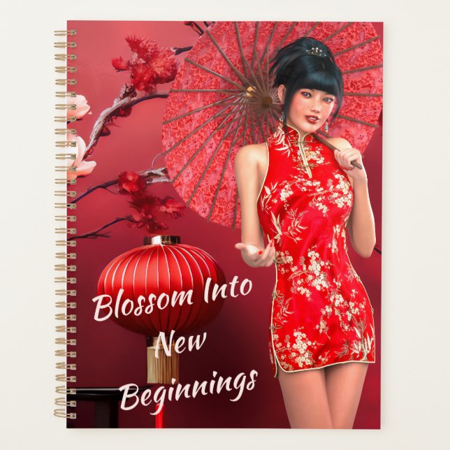 Chinesisches Neujahrsmädchen mit einem roten Regen Planer (Vorderseite)
