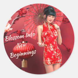 Chinesisches Neujahrsmädchen mit einem roten Regen Runder Aufkleber