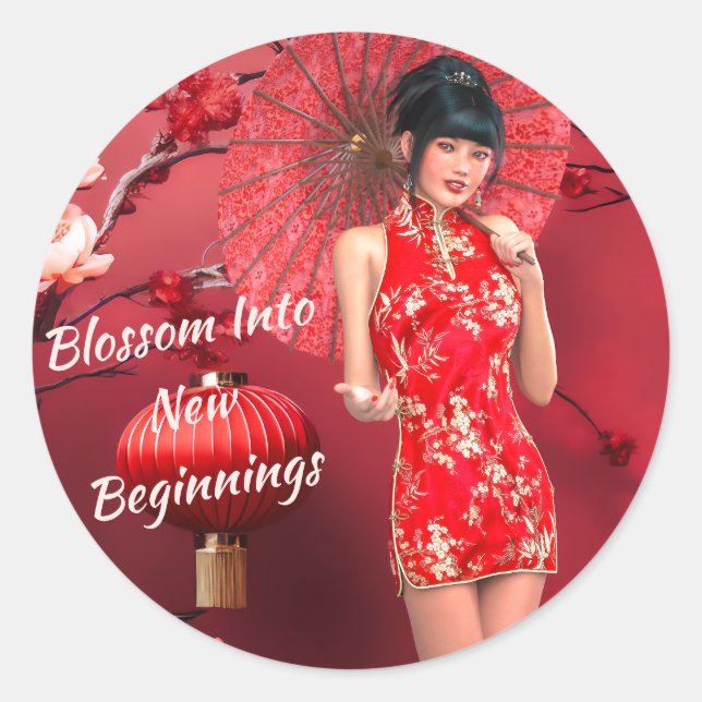 Chinesisches Neujahrsmädchen mit einem roten Regen Runder Aufkleber (Vorderseite)