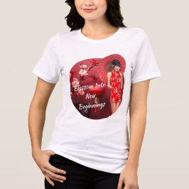 Chinesisches Neujahrsmädchen mit einem roten Regen Tri-Blend Shirt