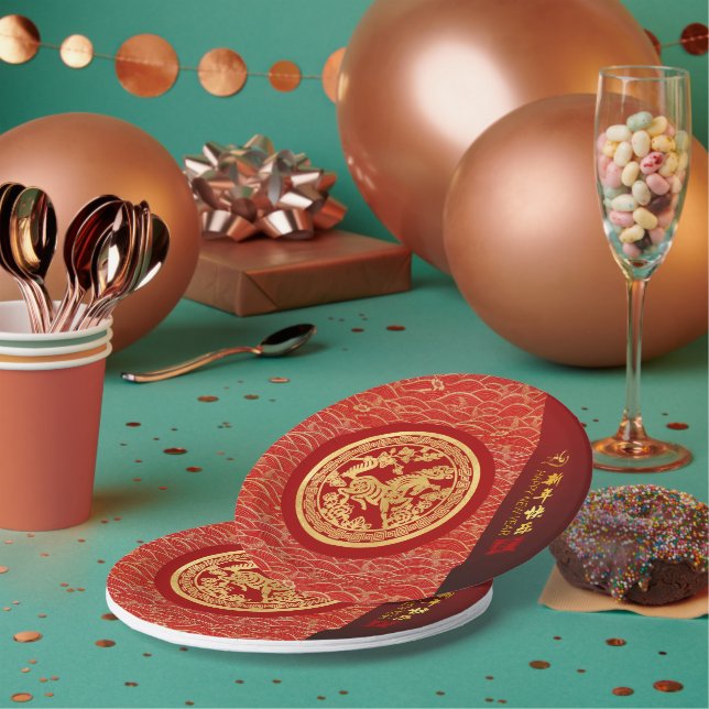 Chinesisches Neujahrspferd 2026 Gold Red PPRP Pappteller (Multi)
