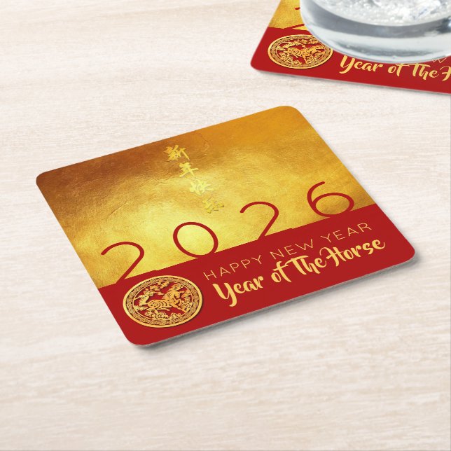 Chinesisches Neujahrspferd 2026 Red Gold PCoa Rechteckiger Pappuntersetzer (angewinkelt)