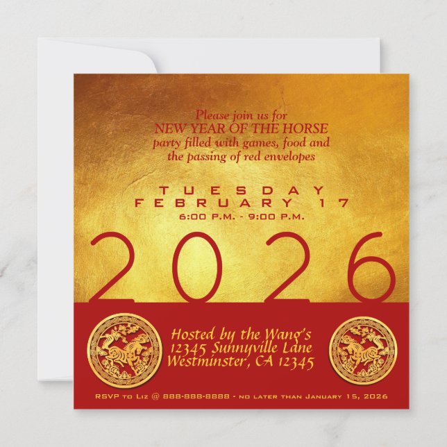 Chinesisches Neujahrspferd 2026 Rotes Gold Party S Einladung (Rückseite)