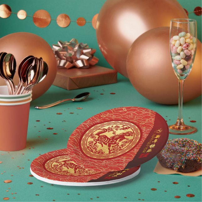 Chinesisches Neujahrspferd 2026 Rotes Gold PPRP Pappteller (Multi)