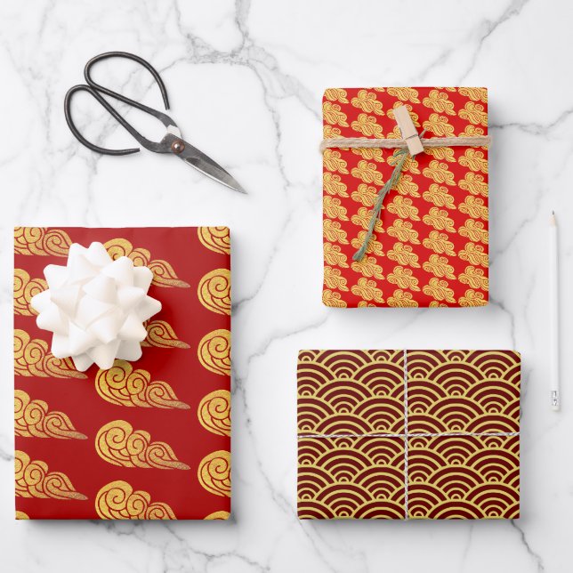 Chinesisches New Year Golden Auspicious Clouds Mus Geschenkpapier Set (Vorderseite)