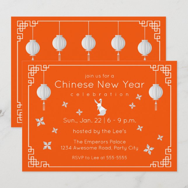 Chinesisches New Year Origami Rabbit, orange Einla Einladung (Vorne/Hinten)