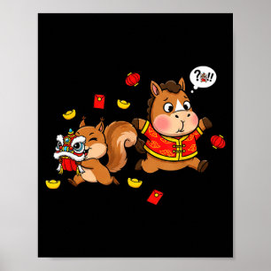 Chinesisches Pferd Eichhörnchen Lustig Kinder Männ Poster