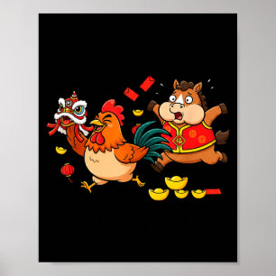Chinesisches Pferd Huhn Lustige Kinder Männer Frau Poster