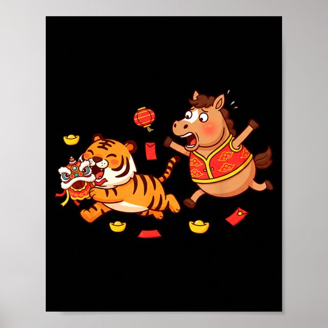 Chinesisches Pferd Lustiger Tiger Kinder Herren Da Poster (Vorne)