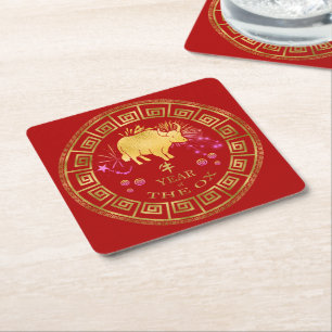 Chinesisches Sternzeichen Ochse Rot/Gold ID542 Rechteckiger Pappuntersetzer