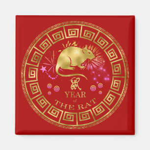 Chinesisches Tierkreis-Ratten-Rot/Gold ID542 Magnet