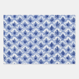 Chinesisches Vintages Muschel Blau-Weiß-Muster Geschenkpapier Set