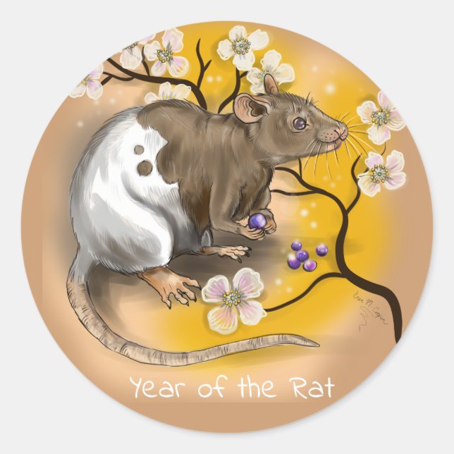 Chinesisches Zodiaka Jahr der Ratte Runder Aufkleber (Vorderseite)