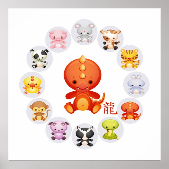 Chinesisches Zodiaka-Jahr des Drachen auf Weiß Poster (Vorne)