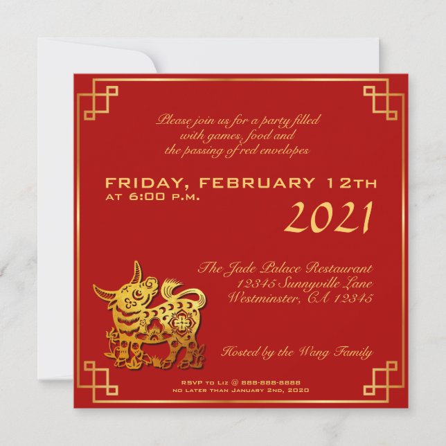 Chinois Red Knot Ox Année 2021 Party Sq Invitation (Devant)