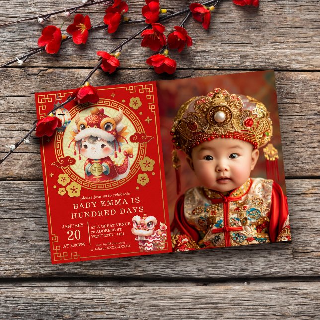 Chinois Traditionnel Bébé 100 Jours 百 日 Invitation (radition meets joy! Our vibrant Chinese Traditional Baby 100 Days Invitation sets the perfect tone.)