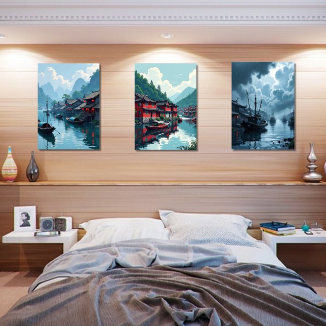 Chinois Village de pêcheurs Oriental Print Set 3 (Créateur téléchargé)